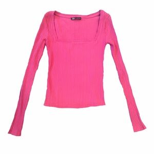 Zara Hot Pink Ribbed Long-Sleeve Square Neck Top